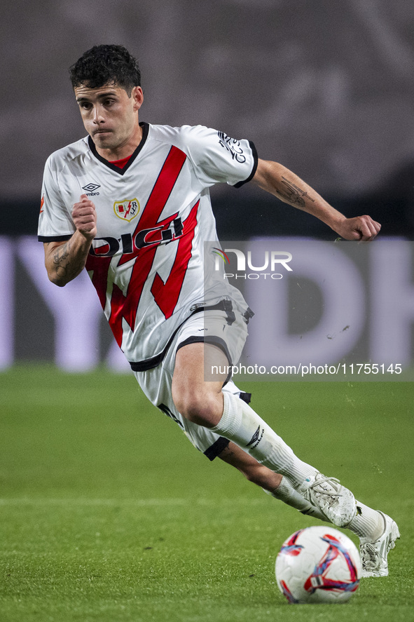 Sergio Camello of Rayo Vallecano is in action with the ball during the La Liga EA Sports 2024/25 football match between Rayo Vallecano and U...