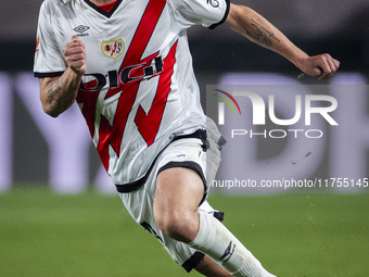 Sergio Camello of Rayo Vallecano is in action with the ball during the La Liga EA Sports 2024/25 football match between Rayo Vallecano and U...