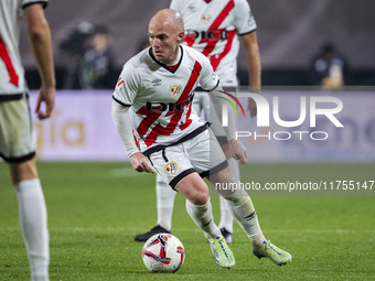 Isi Palazon of Rayo Vallecano is in action with the ball during the La Liga EA Sports 2024/25 football match between Rayo Vallecano and UD L...