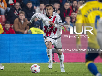 Oscar Trejo of Rayo Vallecano is in action with the ball during the La Liga EA Sports 2024/25 football match between Rayo Vallecano and UD L...