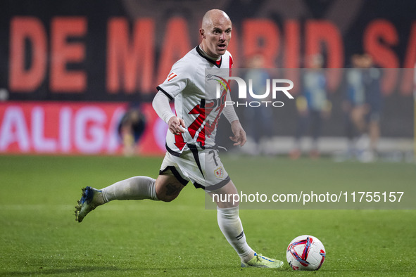 Isi Palazon of Rayo Vallecano is in action with the ball during the La Liga EA Sports 2024/25 football match between Rayo Vallecano and UD L...