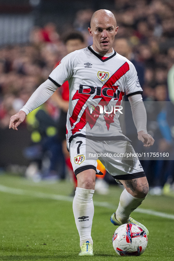 Isi Palazon of Rayo Vallecano is in action with the ball during the La Liga EA Sports 2024/25 football match between Rayo Vallecano and UD L...