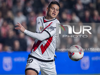 James Rodriguez of Rayo Vallecano is in action with the ball during the La Liga EA Sports 2024/25 football match between Rayo Vallecano and...