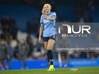 Chloe Kelly #9 of Manchester City W.F.C. salutes the fans at full-time during the Barclays FA Women's Super League match between Manchester...