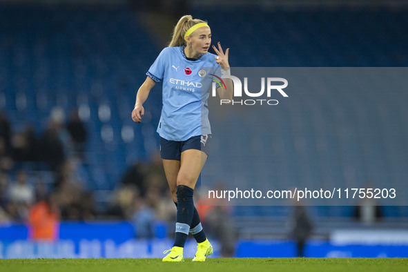 Chloe Kelly, number 9 of Manchester City W.F.C., gesticulates during the Barclays FA Women's Super League match between Manchester City and...