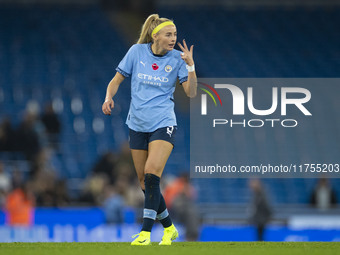 Chloe Kelly, number 9 of Manchester City W.F.C., gesticulates during the Barclays FA Women's Super League match between Manchester City and...