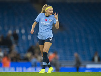 Chloe Kelly, number 9 of Manchester City W.F.C., gesticulates during the Barclays FA Women's Super League match between Manchester City and...