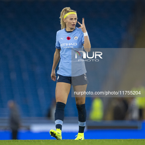 Chloe Kelly, number 9 of Manchester City W.F.C., gesticulates during the Barclays FA Women's Super League match between Manchester City and...