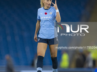 Chloe Kelly, number 9 of Manchester City W.F.C., gesticulates during the Barclays FA Women's Super League match between Manchester City and...