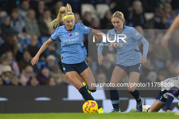 Chloe Kelly #9 of Manchester City W.F.C. is in action during the Barclays FA Women's Super League match between Manchester City and Tottenha...