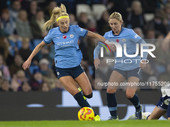 Chloe Kelly #9 of Manchester City W.F.C. is in action during the Barclays FA Women's Super League match between Manchester City and Tottenha...