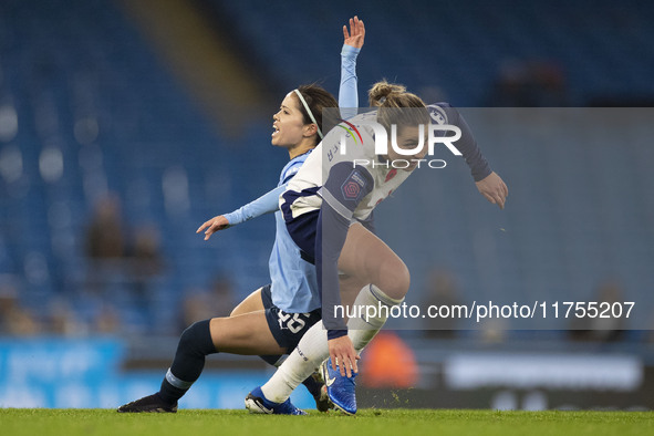 Yui Hasegawa #25 of Manchester City W.F.C. is fouled by the opponent during the Barclays FA Women's Super League match between Manchester Ci...