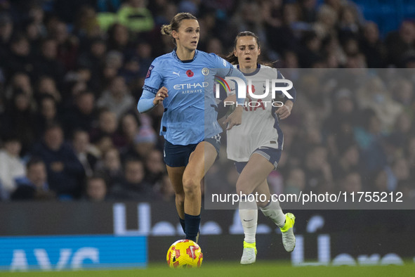 Kerstin Casparij #18 of Manchester City W.F.C. participates in the Barclays FA Women's Super League match between Manchester City and Totten...