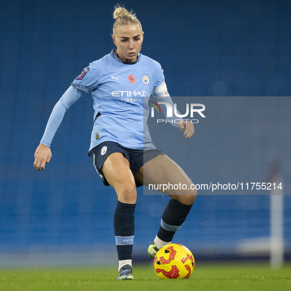 Alex Greenwood #5 of Manchester City W.F.C. is in action during the Barclays FA Women's Super League match between Manchester City and Totte...