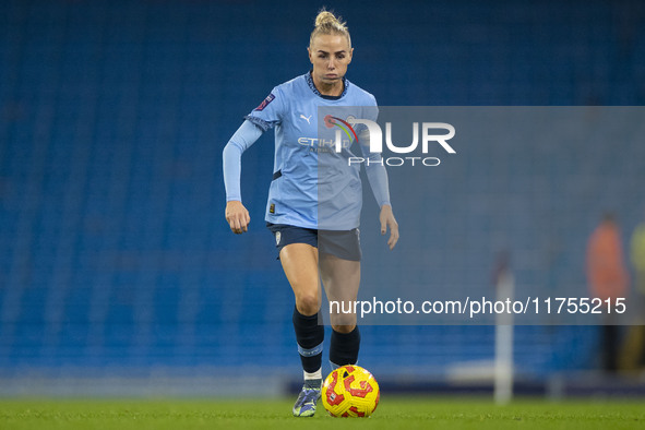 Alex Greenwood #5 of Manchester City W.F.C. is in action during the Barclays FA Women's Super League match between Manchester City and Totte...