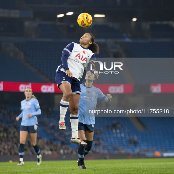 Drew Spence #24 of Tottenham Hotspur F.C. plays during the Barclays FA Women's Super League match between Manchester City and Tottenham Hots...