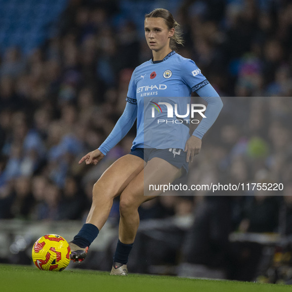 Kerstin Casparij #18 of Manchester City W.F.C. is in action during the Barclays FA Women's Super League match between Manchester City and To...