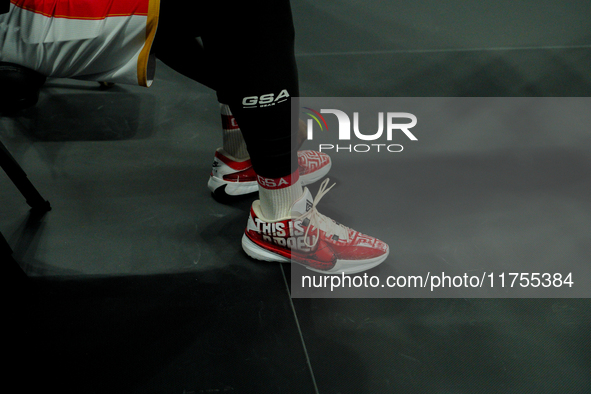 A player's shoes from Olympiacos display the message ''This is Piraeus'' during the warm-up for the Euroleague game between Panathinaikos an...