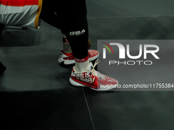 A player's shoes from Olympiacos display the message ''This is Piraeus'' during the warm-up for the Euroleague game between Panathinaikos an...