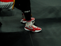 A player's shoes from Olympiacos display the message ''This is Piraeus'' during the warm-up for the Euroleague game between Panathinaikos an...