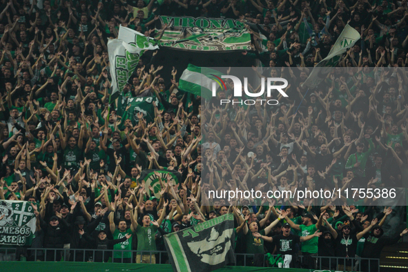 Panathinaikos fans are present during the warm-up for the Euroleague game between Panathinaikos and Olympiacos, with a final score of 89-94,...