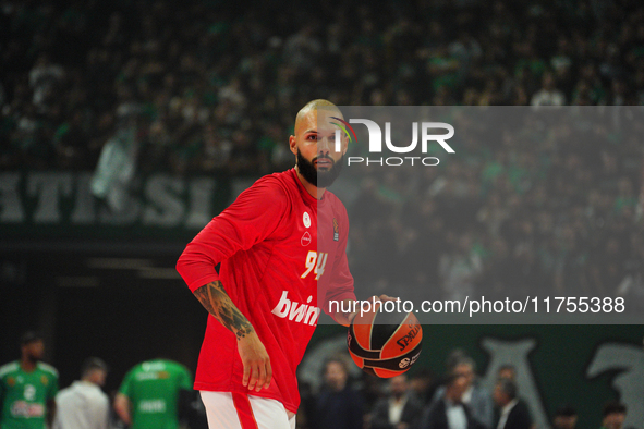 Evan Fournier warms up for the Euroleague game between Panathinaikos and Olympiacos, with a final score of 89-94, at OAKA in Athens, Greece,...