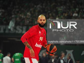 Evan Fournier warms up for the Euroleague game between Panathinaikos and Olympiacos, with a final score of 89-94, at OAKA in Athens, Greece,...