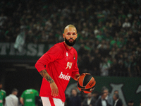 Evan Fournier warms up for the Euroleague game between Panathinaikos and Olympiacos, with a final score of 89-94, at OAKA in Athens, Greece,...