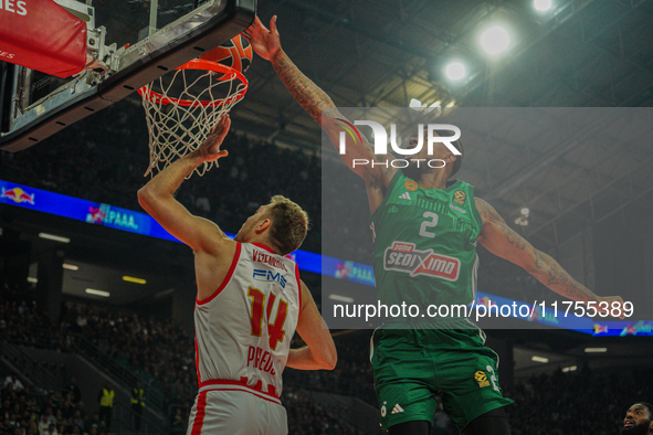 Sasha Vezenkov and Lorenzo Brown are in action during the Euroleague game between Panathinaikos and Olympiacos, with a final score of 89-94,...