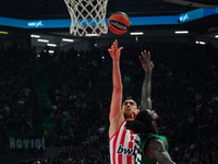 Nikola Milutinov and Mathias Lessort are in action during the Euroleague game between Panathinaikos and Olympiacos, with a final score of 89...