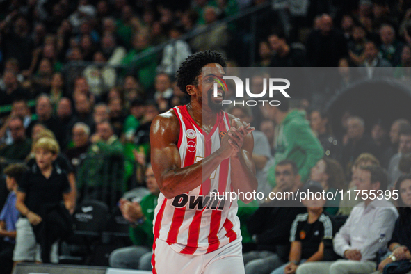 Shaquielle McKissic is in an action moment during the Euroleague game between Panathinaikos and Olympiacos, with a final score of 89-94, at...