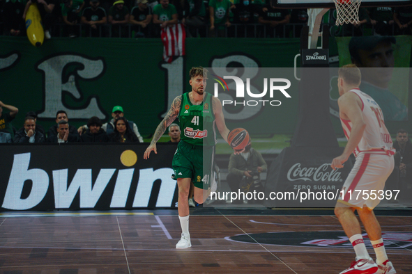 Juancho Hernangomez participates in an action moment during the Euroleague game between Panathinaikos and Olympiacos, with a final score of...