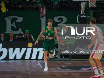 Juancho Hernangomez participates in an action moment during the Euroleague game between Panathinaikos and Olympiacos, with a final score of...