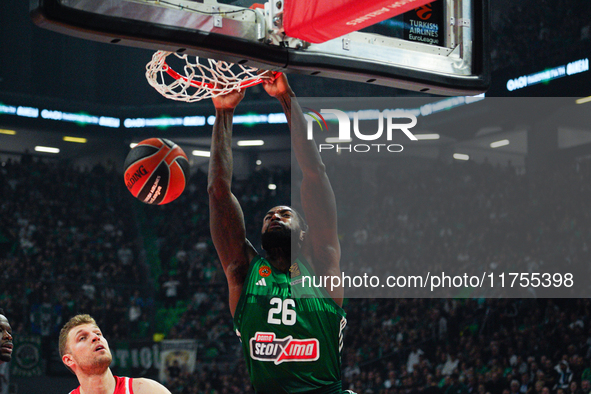 Mathias Lessort is in action during the Euroleague game between Panathinaikos and Olympiacos, with a final score of 89-94, at OAKA in Athens...