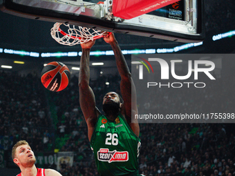 Mathias Lessort is in action during the Euroleague game between Panathinaikos and Olympiacos, with a final score of 89-94, at OAKA in Athens...