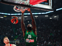 Mathias Lessort is in action during the Euroleague game between Panathinaikos and Olympiacos, with a final score of 89-94, at OAKA in Athens...