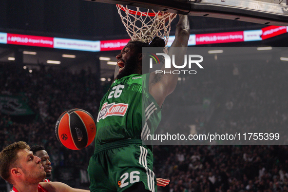 Mathias Lessort is in an action moment during the Euroleague game between Panathinaikos and Olympiacos, with a final score of 89-94, at OAKA...