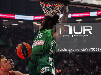 Mathias Lessort is in an action moment during the Euroleague game between Panathinaikos and Olympiacos, with a final score of 89-94, at OAKA...