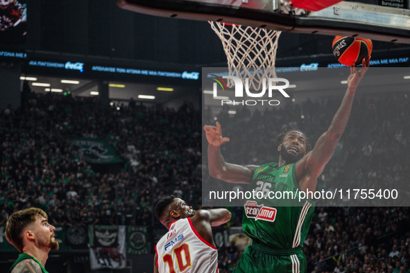 Mathias Lessort is in an action moment during the Euroleague game between Panathinaikos and Olympiacos, with a final score of 89-94, at OAKA...