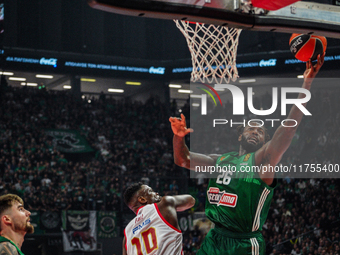 Mathias Lessort is in an action moment during the Euroleague game between Panathinaikos and Olympiacos, with a final score of 89-94, at OAKA...