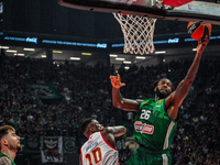 Mathias Lessort is in an action moment during the Euroleague game between Panathinaikos and Olympiacos, with a final score of 89-94, at OAKA...