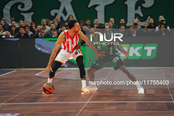 Nigel Williams-Goss and Kendrick Nunn are in an action moment during the Euroleague game between Panathinaikos and Olympiacos, with a final...