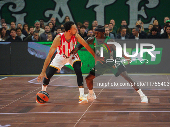 Nigel Williams-Goss and Kendrick Nunn are in an action moment during the Euroleague game between Panathinaikos and Olympiacos, with a final...