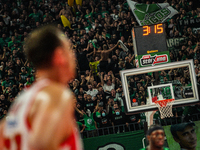 Panathinaikos fans attend the Euroleague game between Panathinaikos and Olympiacos, with a final score of 89-94, at OAKA in Athens, Greece,...