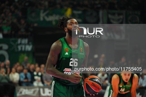 Mathias Lessort is in an action moment during the Euroleague game between Panathinaikos and Olympiacos, with a final score of 89-94, at OAKA...