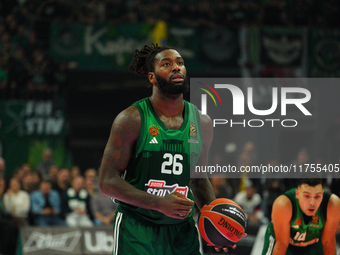 Mathias Lessort is in an action moment during the Euroleague game between Panathinaikos and Olympiacos, with a final score of 89-94, at OAKA...