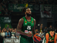 Mathias Lessort is in an action moment during the Euroleague game between Panathinaikos and Olympiacos, with a final score of 89-94, at OAKA...