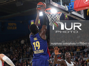 Youssoupha Fall plays during the match between FC Barcelona and Baskonia Vitoria-Gasteiz, corresponding to week 8 of the Turkish Airlines Eu...