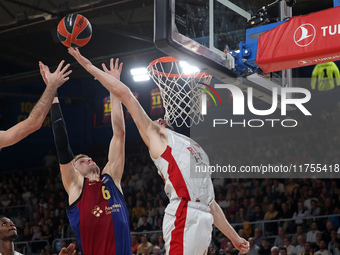 Jan Vesely and Nikos Rogkavopoulos play during the match between FC Barcelona and Baskonia Vitoria-Gasteiz, corresponding to week 8 of the T...