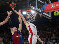 Jan Vesely and Nikos Rogkavopoulos play during the match between FC Barcelona and Baskonia Vitoria-Gasteiz, corresponding to week 8 of the T...